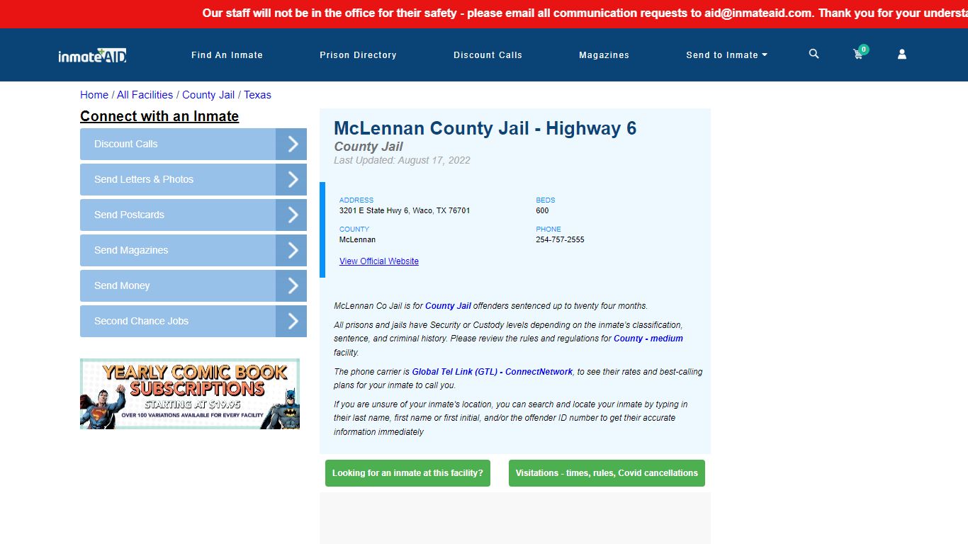 McLennan County Jail - Highway 6 - Inmate Locator - Waco, TX